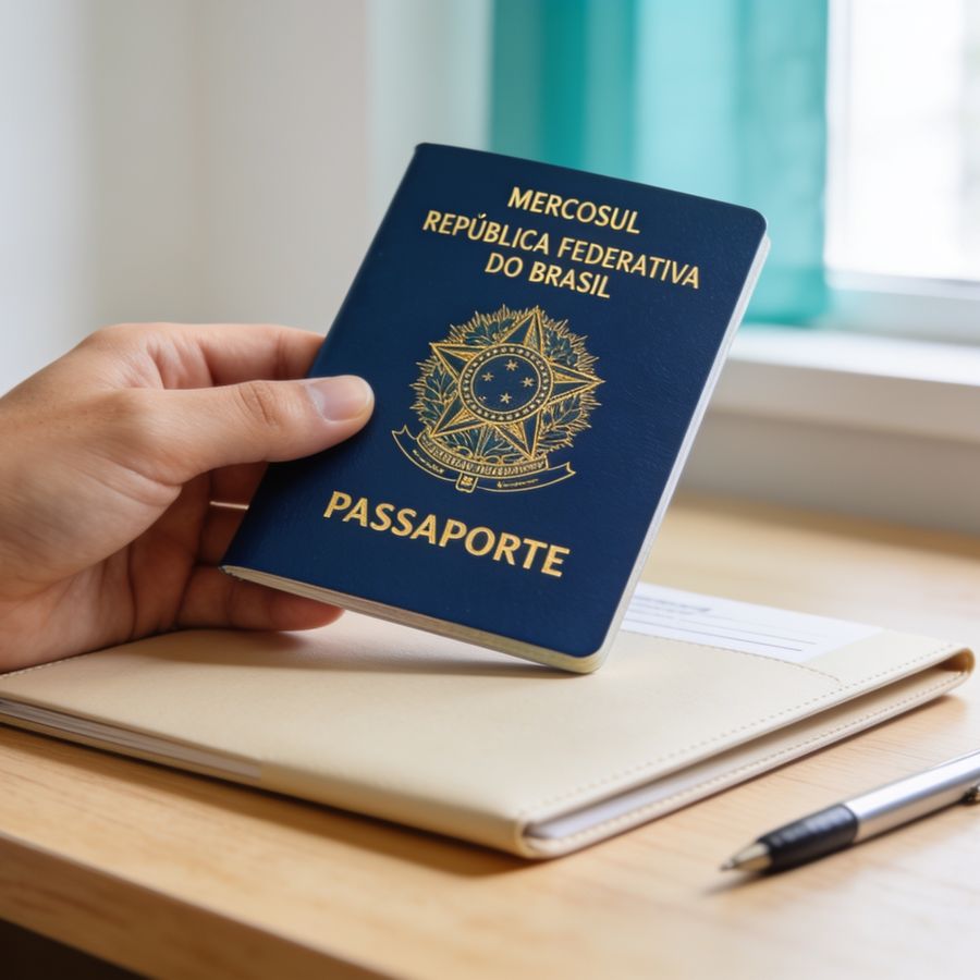 Mão segurando passaporte brasileiro sobre pasta de documentos